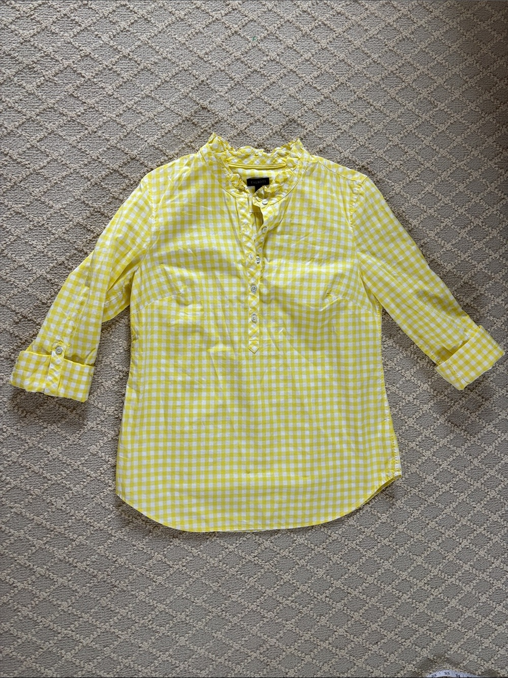Talbots Yellow and White Gingham Popover Shirt with Ruffle Trim